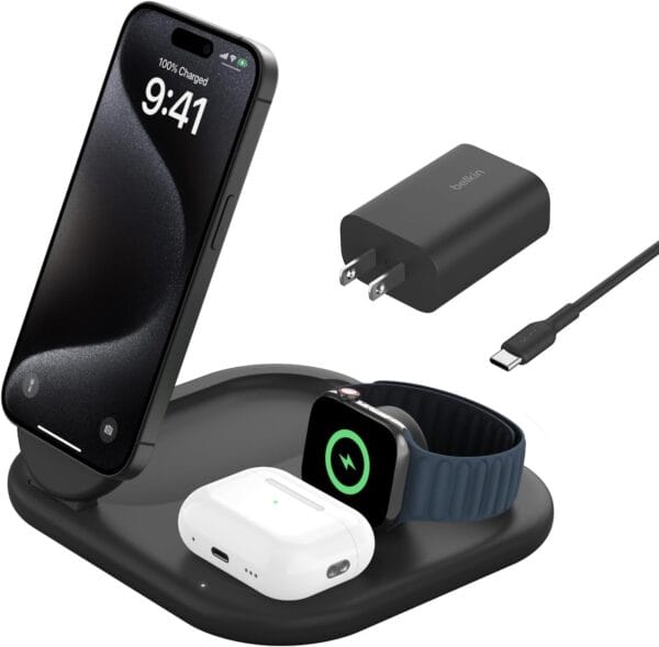 Belkin MagSafe-Compatible iPhone Charger - 3-in-1 Magnetic Foldable Charger 15W - Qi2-Certified Wireless Charging Station