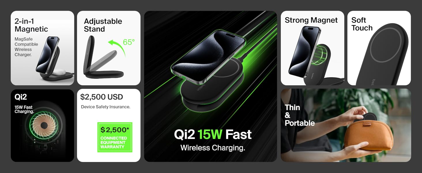 Belkin MagSafe-Compatible iPhone Wireless Charger, Magnetic Foldable Charger 15W - Qi2 - 2-in-1